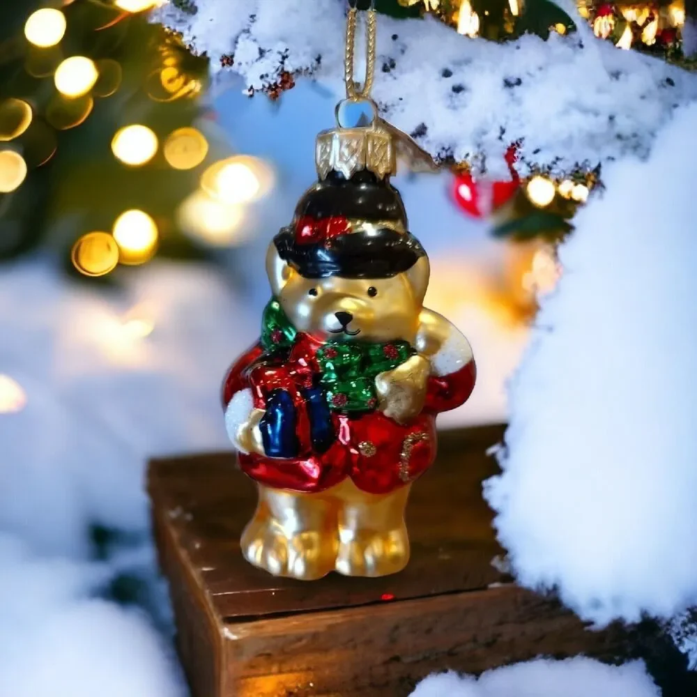 Gentleman Bear with Present Ornament Hand Blown Glass Thomas Pacconi Classics 02